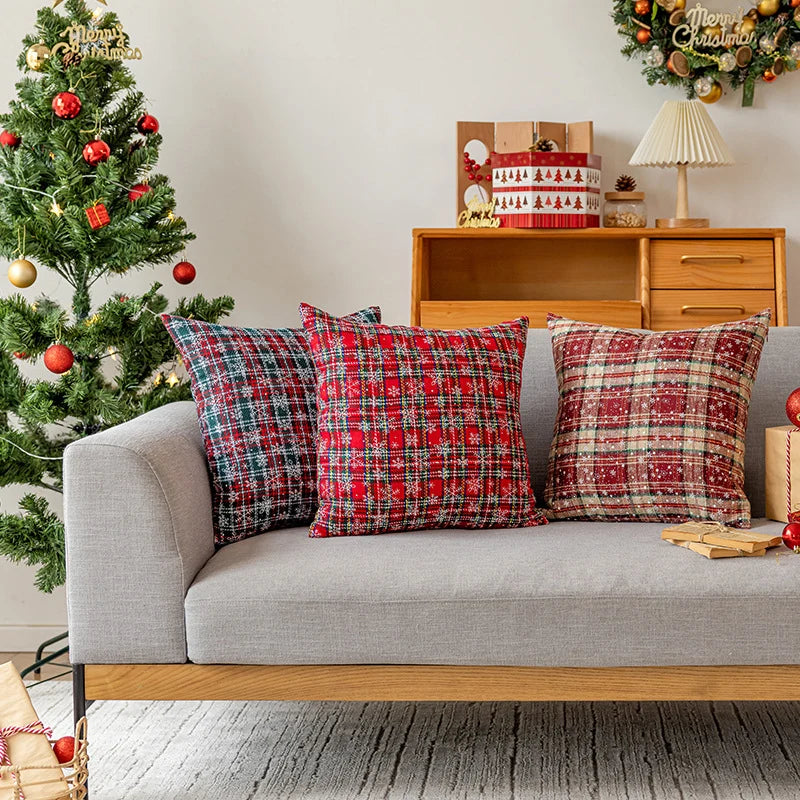 Throw Pillow Embroidered Snowflake Plaid Removable Cover & Plush Insert