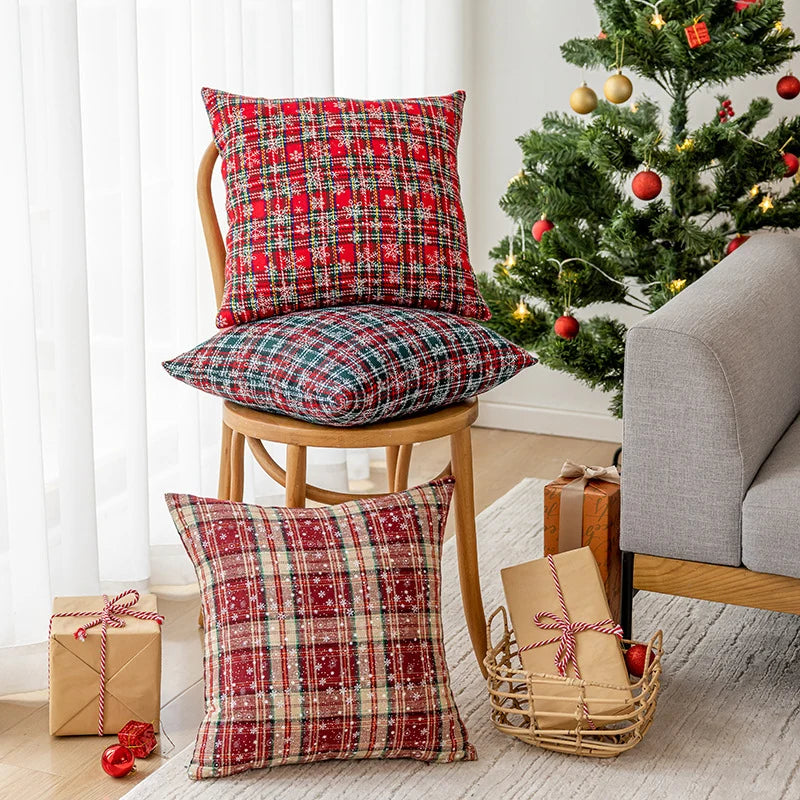 Throw Pillow Embroidered Snowflake Plaid Removable Cover & Plush Insert