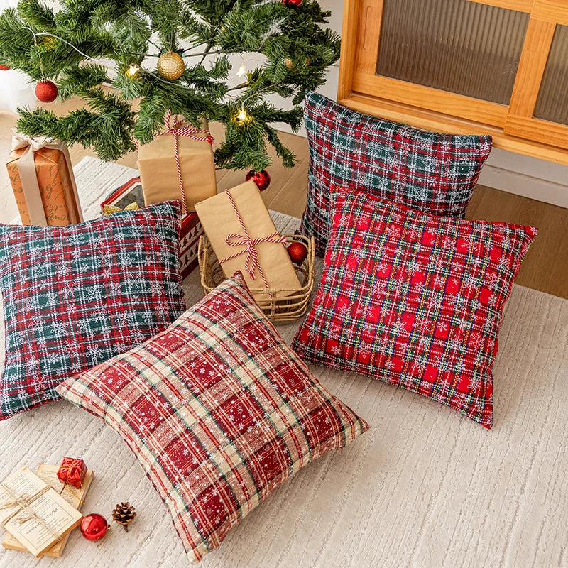 Throw Pillow Embroidered Snowflake Plaid Removable Cover & Plush Insert