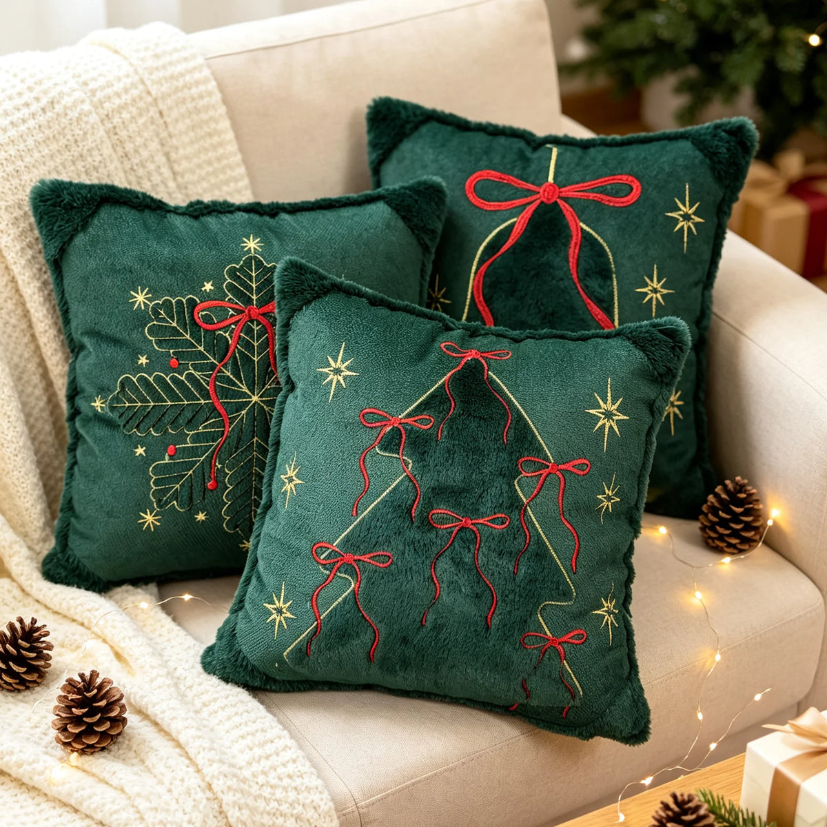 Throw Pillow Embroidered Velvet Faux-Fur Fringe & Removable Cover