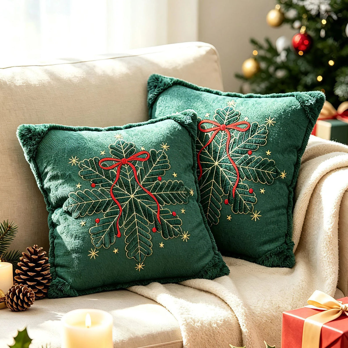 Throw Pillow Embroidered Velvet Faux-Fur Fringe & Removable Cover
