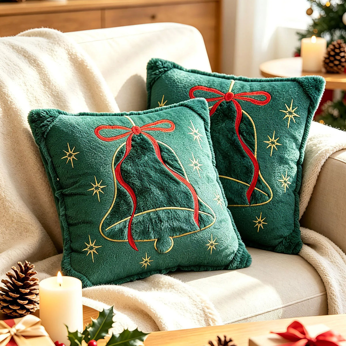 Throw Pillow Embroidered Velvet Faux-Fur Fringe & Removable Cover