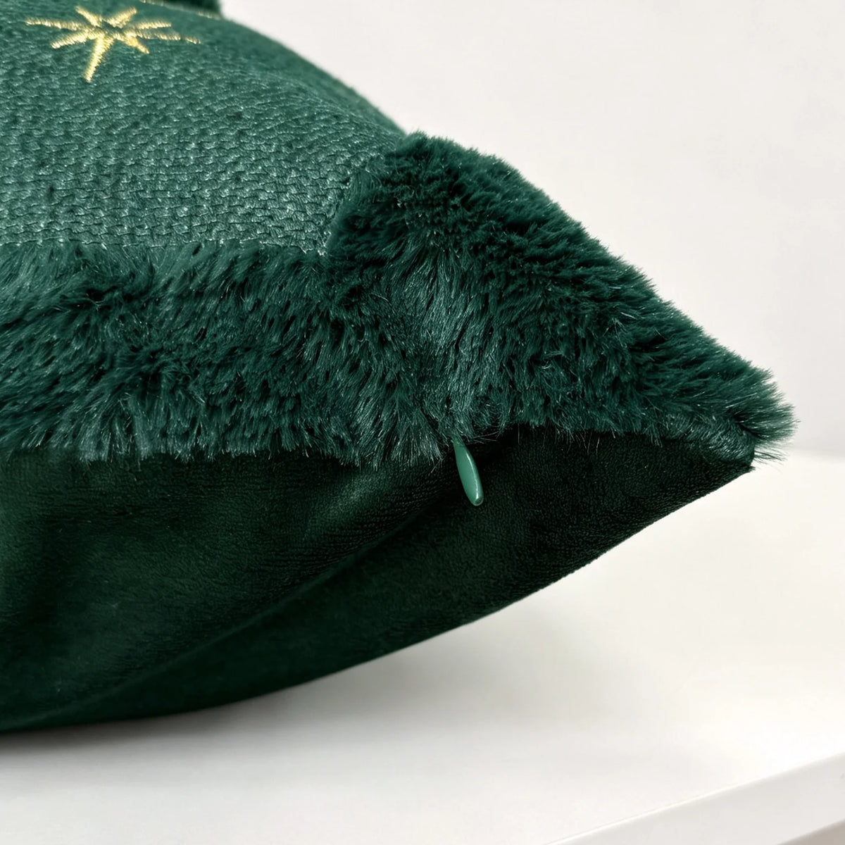 Throw Pillow Embroidered Velvet Faux-Fur Fringe & Removable Cover