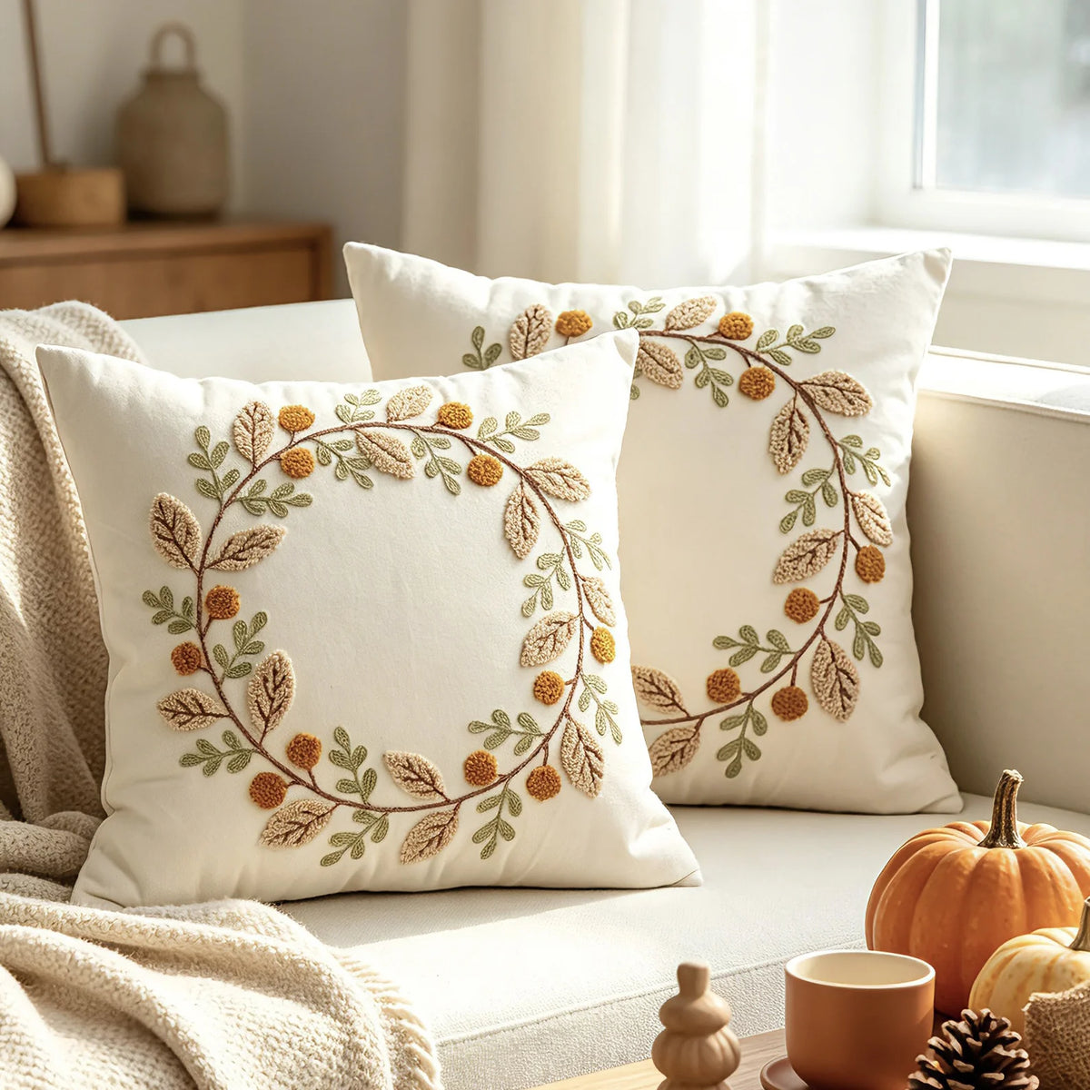 Throw Pillow Embroidered Wreath & Pom Accents Removable Cover