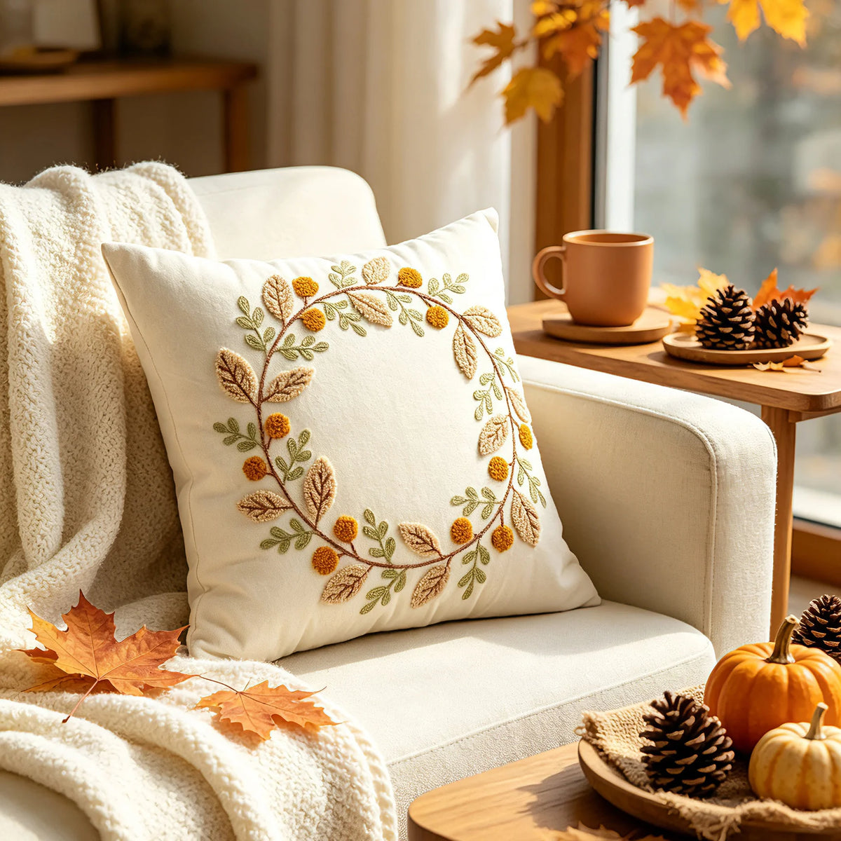 Throw Pillow Embroidered Wreath & Pom Accents Removable Cover