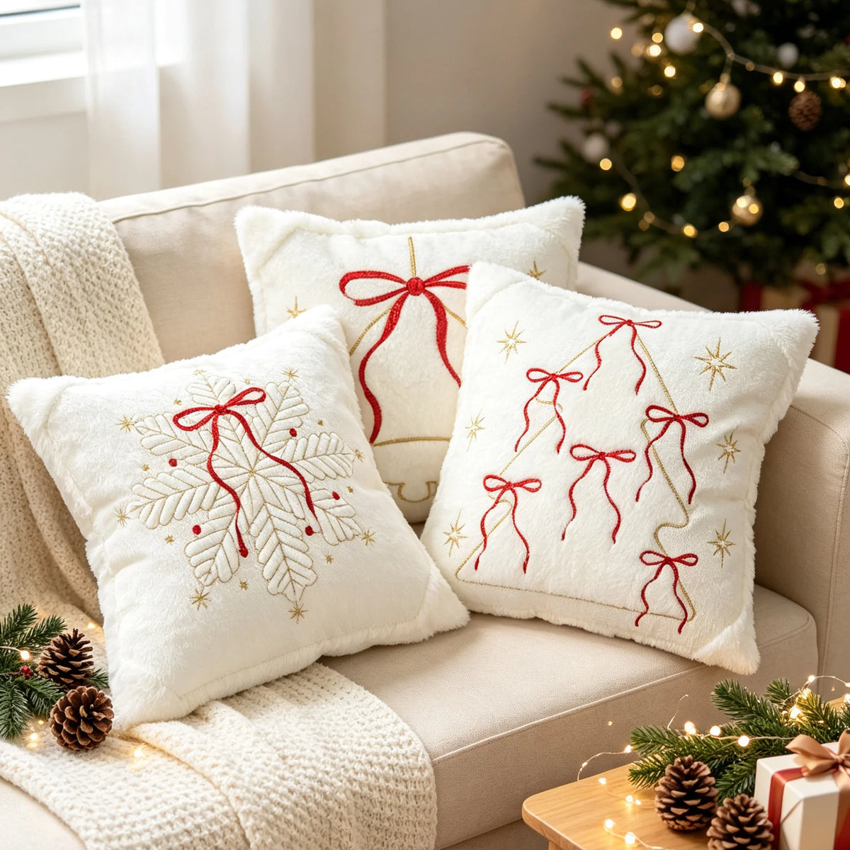 Throw Pillow Faux-Fur Embroidered Snowflake Machine Washable