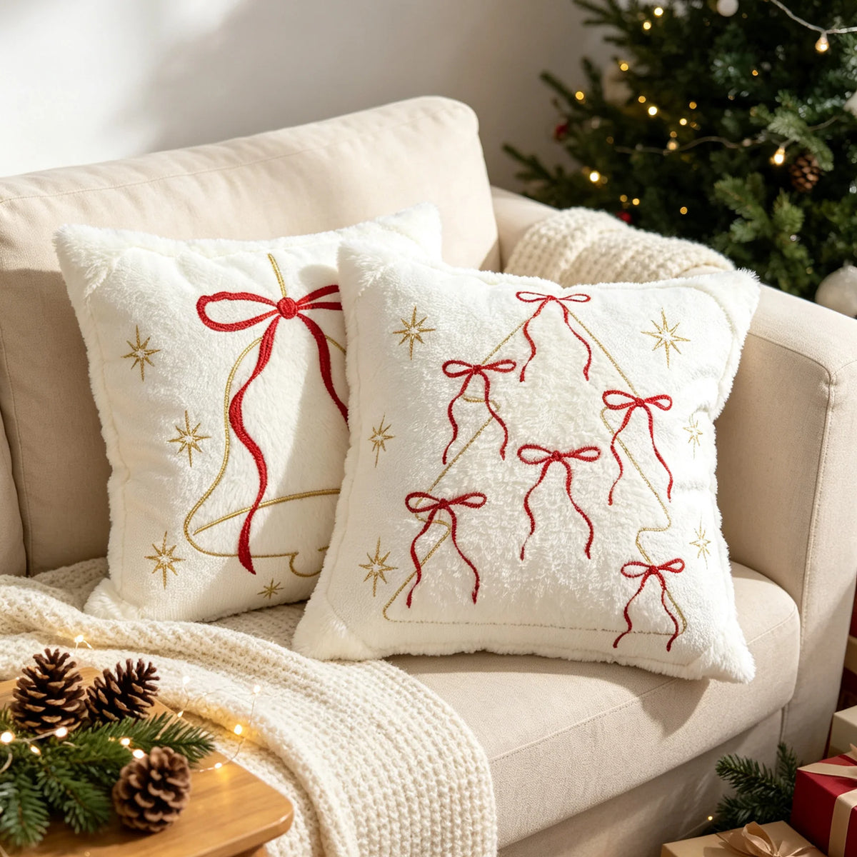 Throw Pillow Faux-Fur Embroidered Snowflake Machine Washable