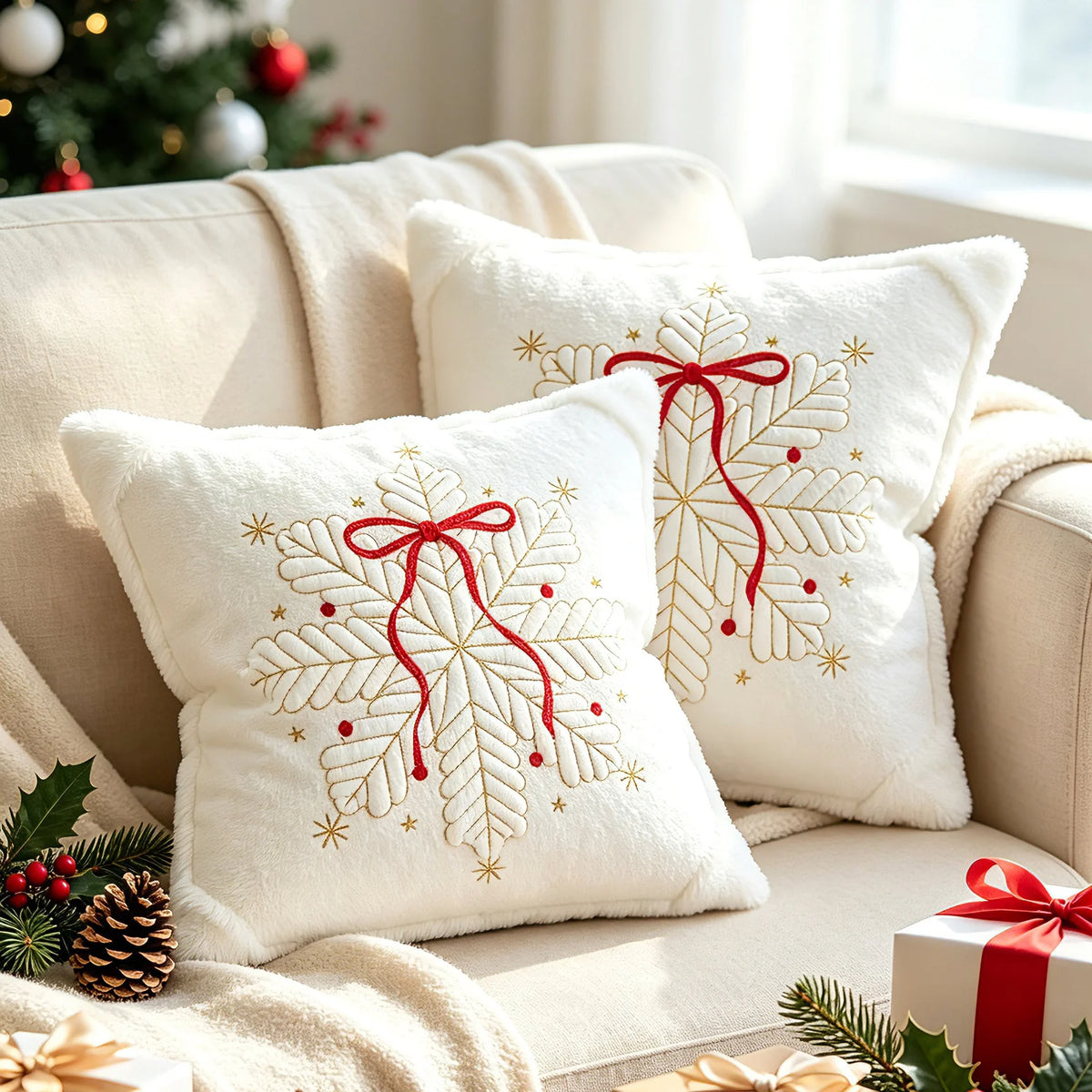 Throw Pillow Faux-Fur Embroidered Snowflake Machine Washable