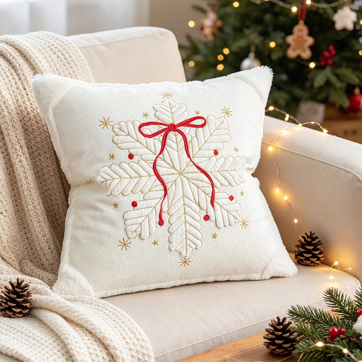 Throw Pillow Faux-Fur Embroidered Snowflake Machine Washable