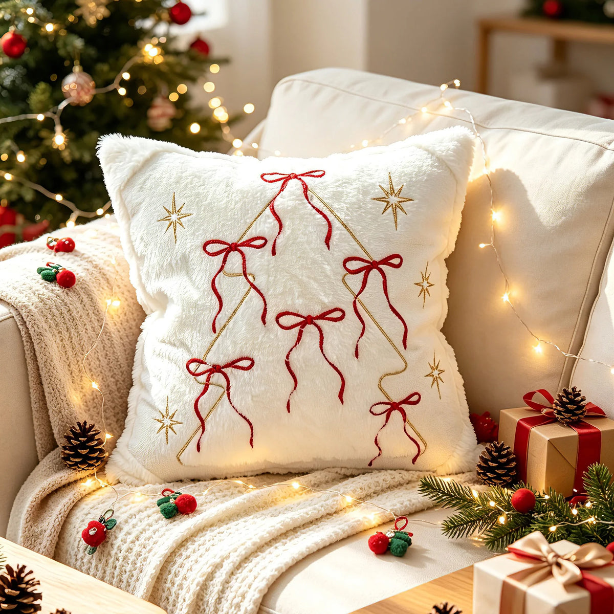 Throw Pillow Faux-Fur Embroidered Snowflake Machine Washable