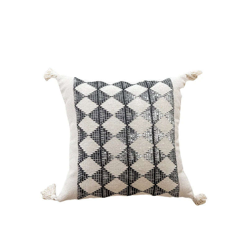 Throw Pillow Handwoven Cotton Diamond Texture & Tassel Corners