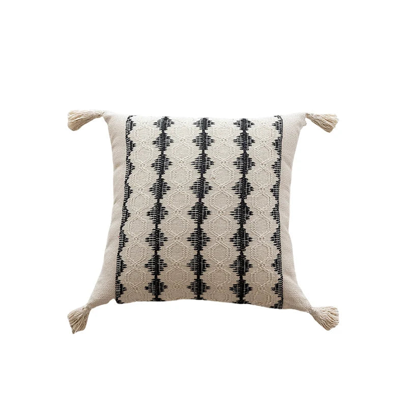 Throw Pillow Handwoven Cotton Diamond Texture & Tassel Corners