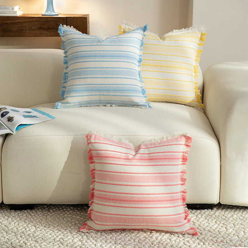 Throw Pillow Linen Look Striped Fringed 18x18 In