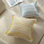 Throw Pillow Linen Look Striped Fringed 18x18 In