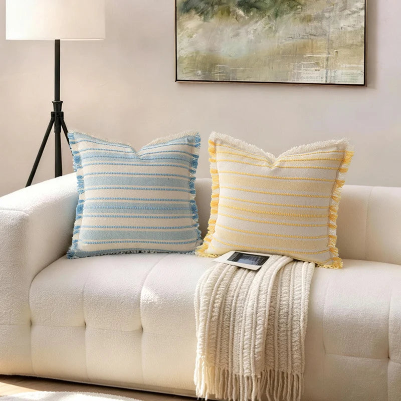 Throw Pillow Linen Look Striped Fringed 18x18 In