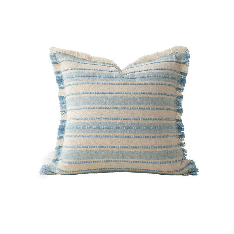 Throw Pillow Linen Look Striped Fringed 18x18 In