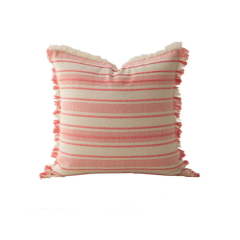 Throw Pillow Linen Look Striped Fringed 18x18 In