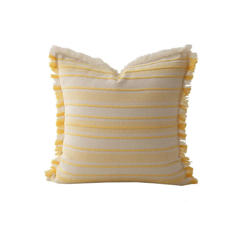 Throw Pillow Linen Look Striped Fringed 18x18 In