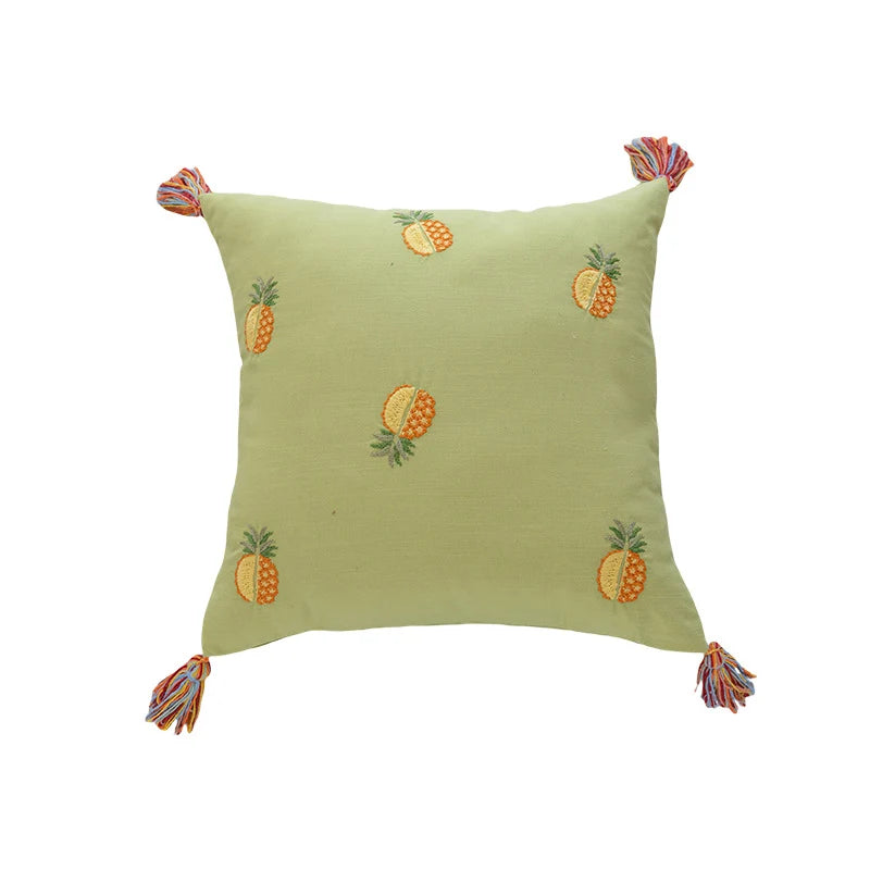 Throw Pillow Pineapple Embroidery & Tassels Linen-Blend Cover