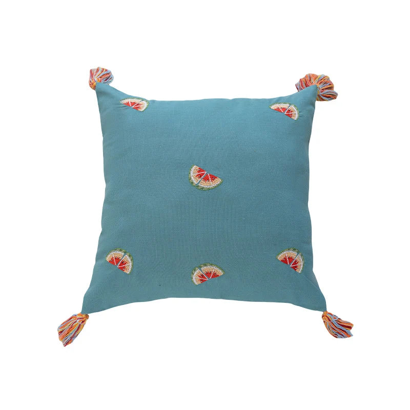 Throw Pillow Pineapple Embroidery & Tassels Linen-Blend Cover