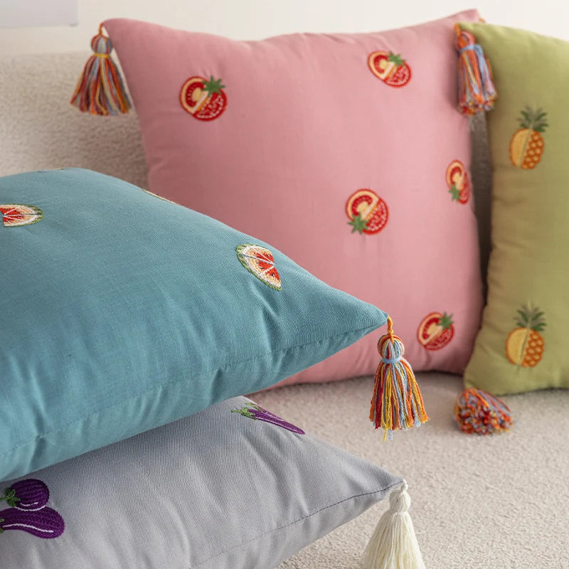 Throw Pillow Pineapple Embroidery & Tassels Linen-Blend Cover