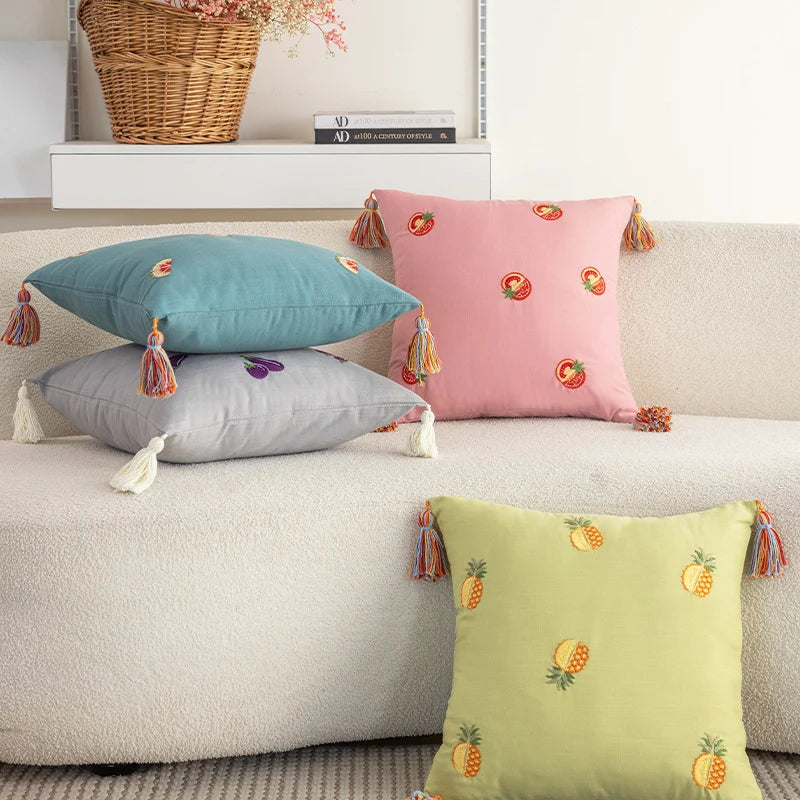Throw Pillow Pineapple Embroidery & Tassels Linen-Blend Cover
