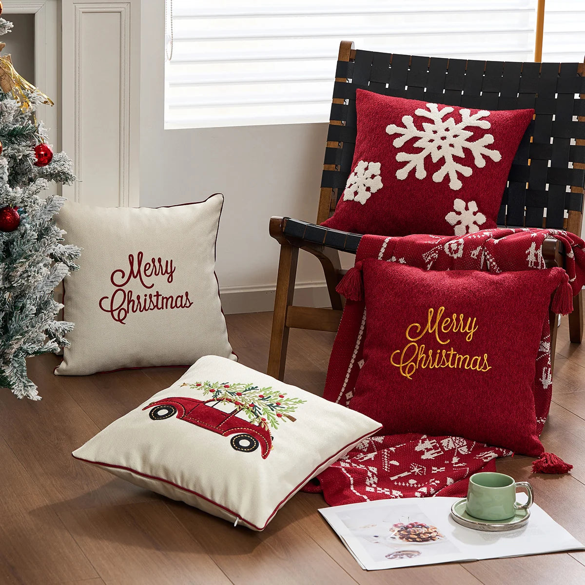 Throw Pillow Plaid Snowflake Applique Removable Cover 18 Inch