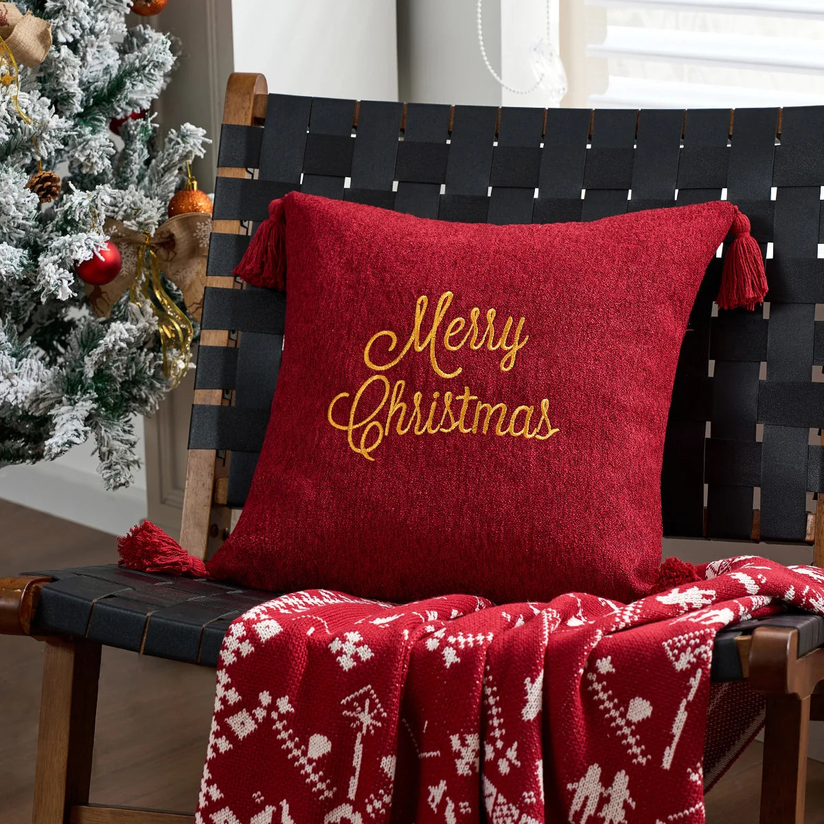 Throw Pillow Plaid Snowflake Applique Removable Cover 18 Inch