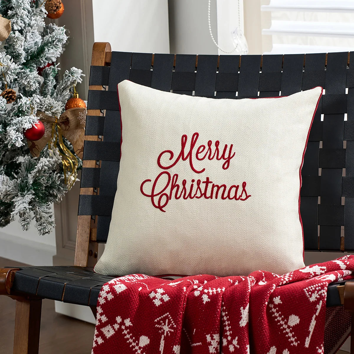 Throw Pillow Plaid Snowflake Applique Removable Cover 18 Inch