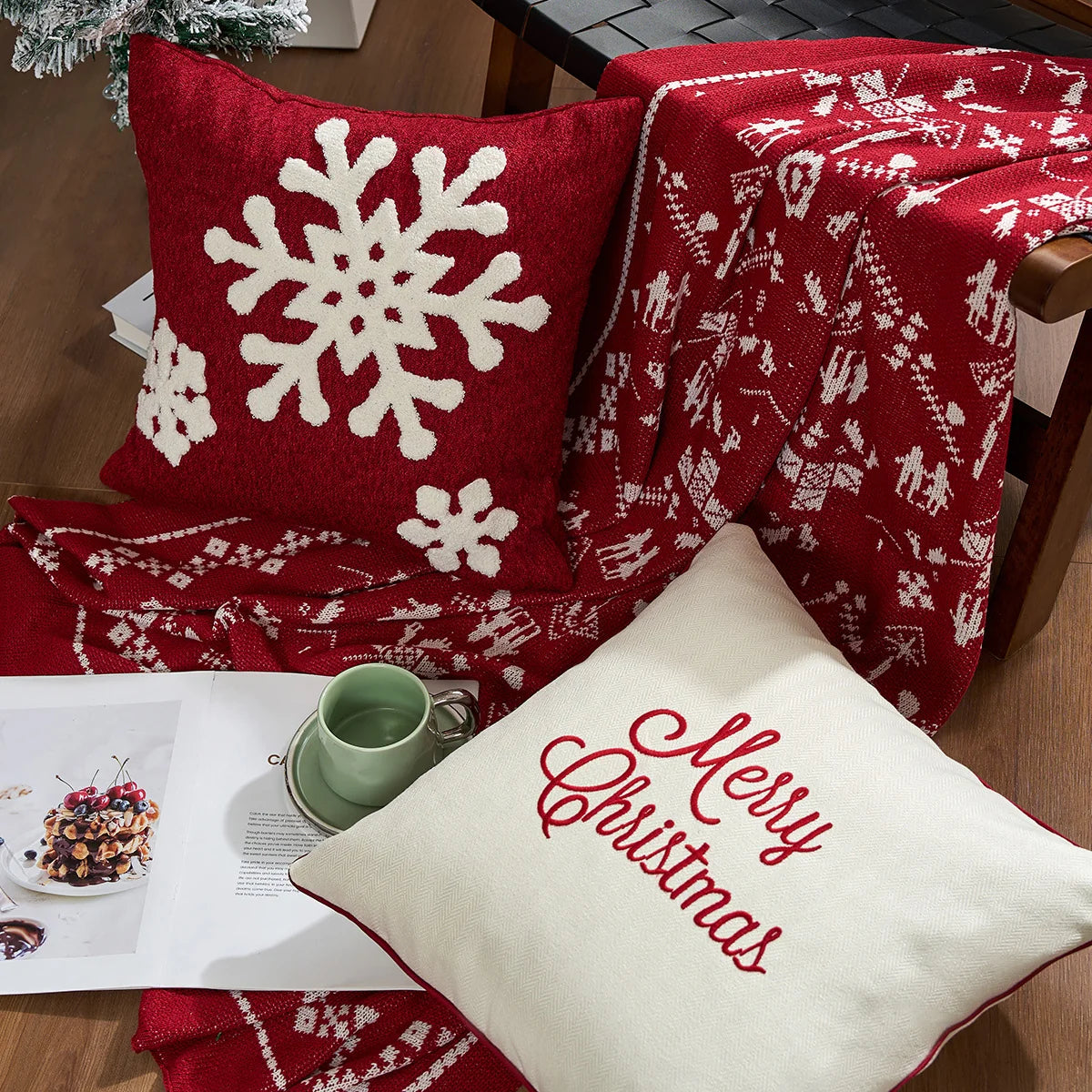 Throw Pillow Plaid Snowflake Applique Removable Cover 18 Inch