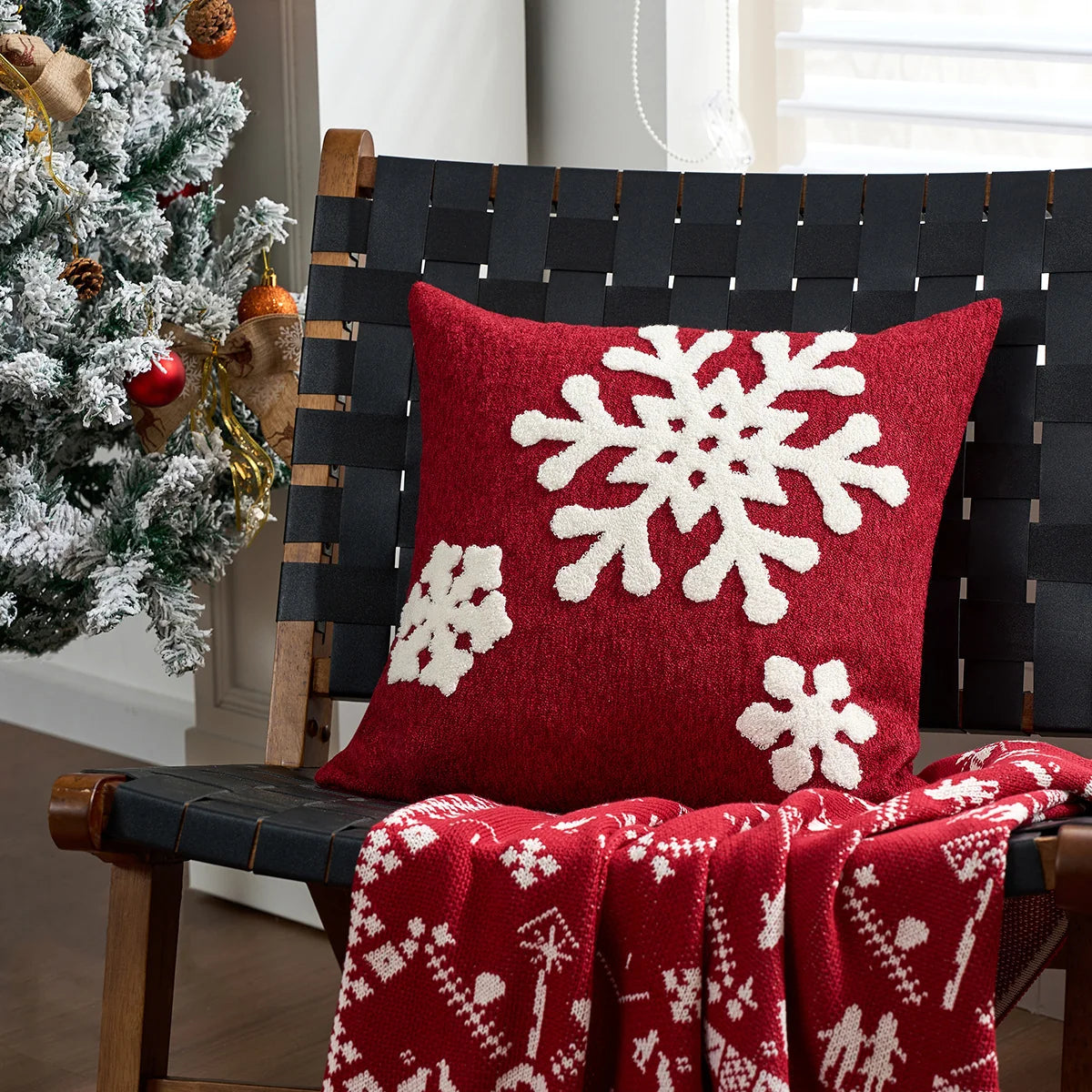 Throw Pillow Plaid Snowflake Applique Removable Cover 18 Inch