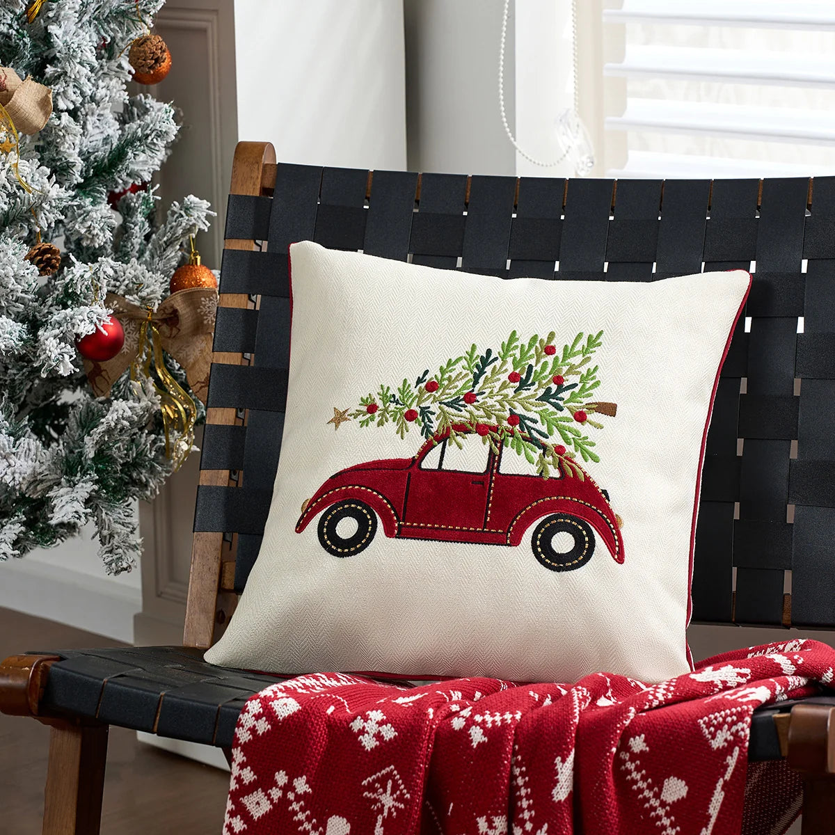 Throw Pillow Plaid Snowflake Applique Removable Cover 18 Inch