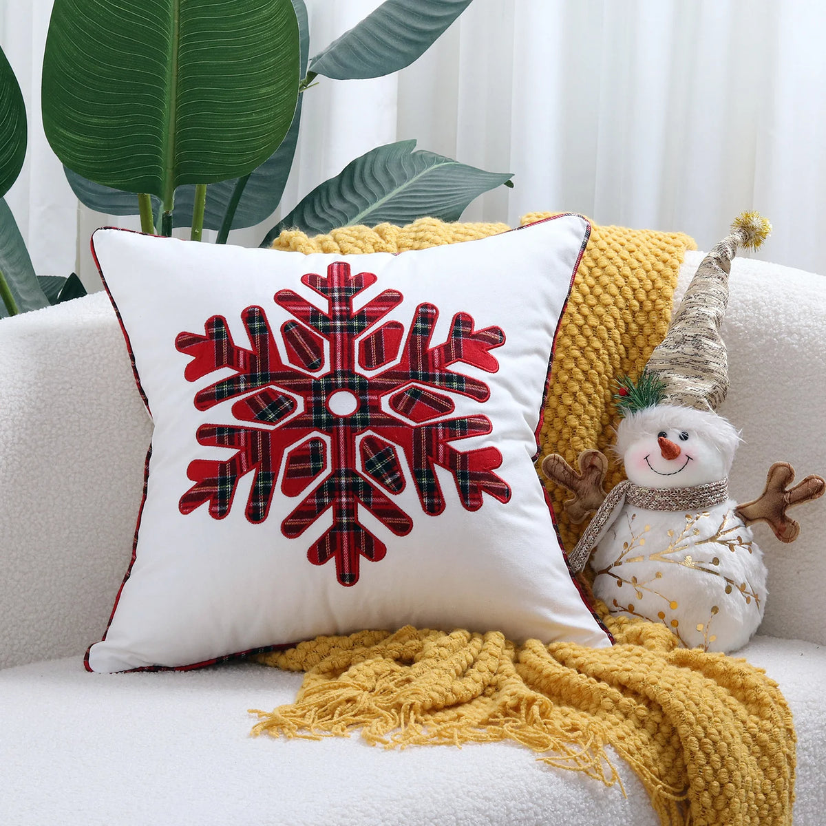Throw Pillow Plaid Snowflake Applique Removable Cover 18 Inch