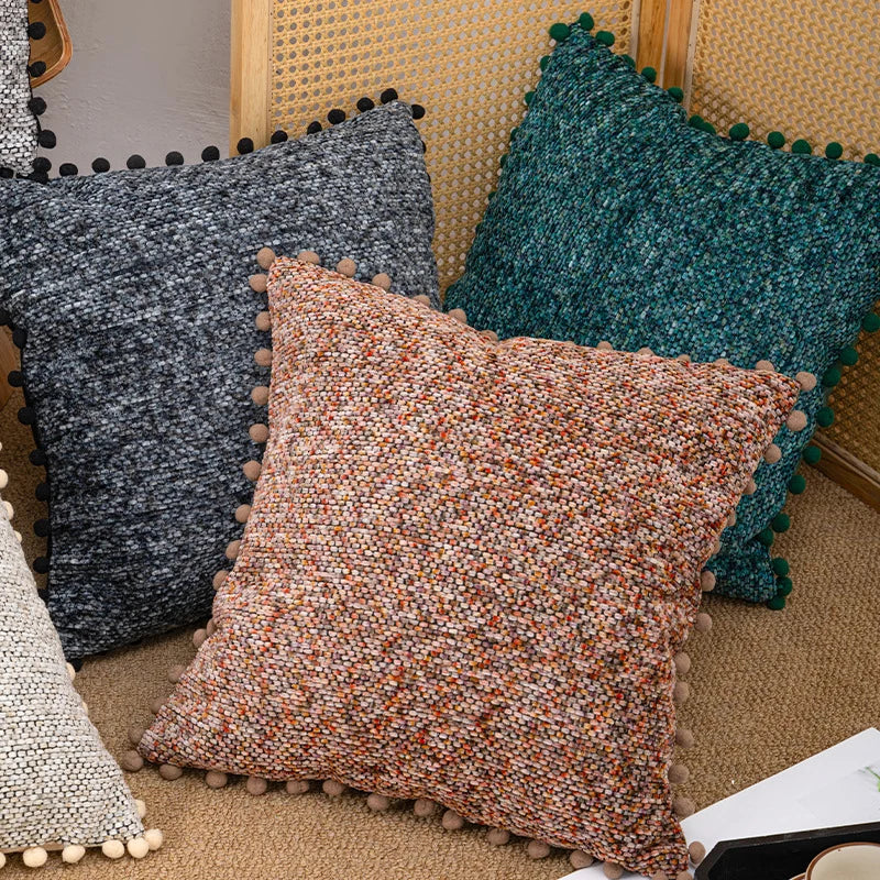 Throw Pillow Set Bouclé Pom-Pom Removable Covers