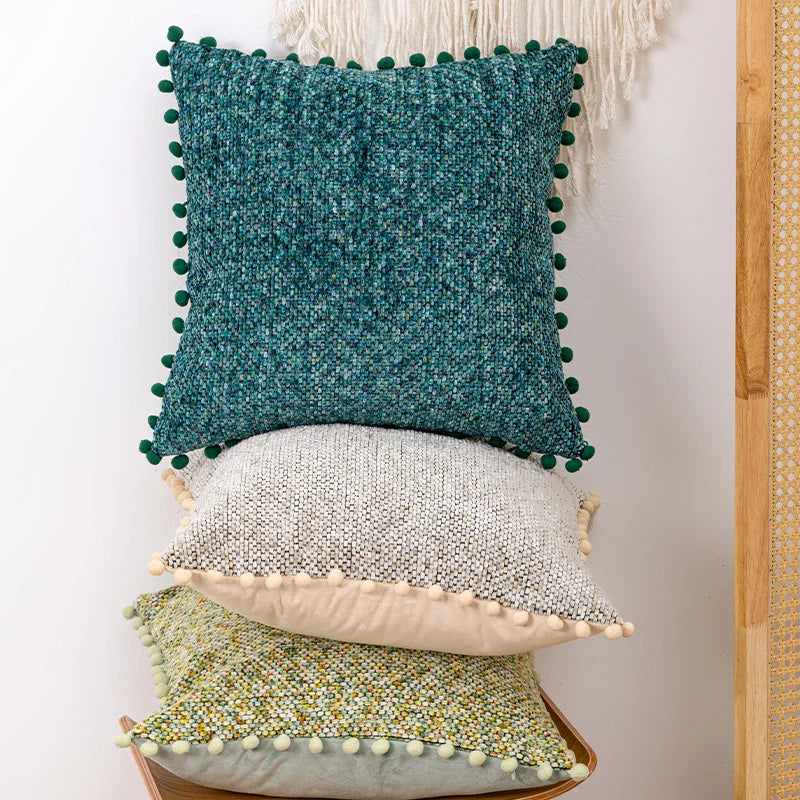 Throw Pillow Set Bouclé Pom-Pom Removable Covers