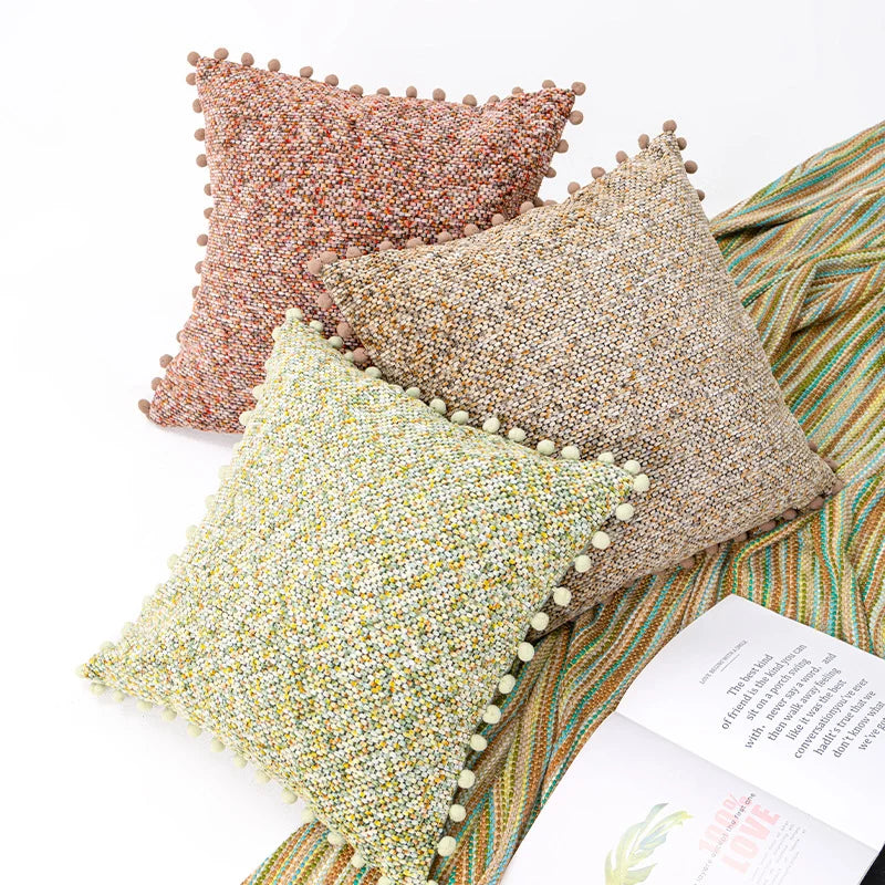 Throw Pillow Set Bouclé Pom-Pom Removable Covers
