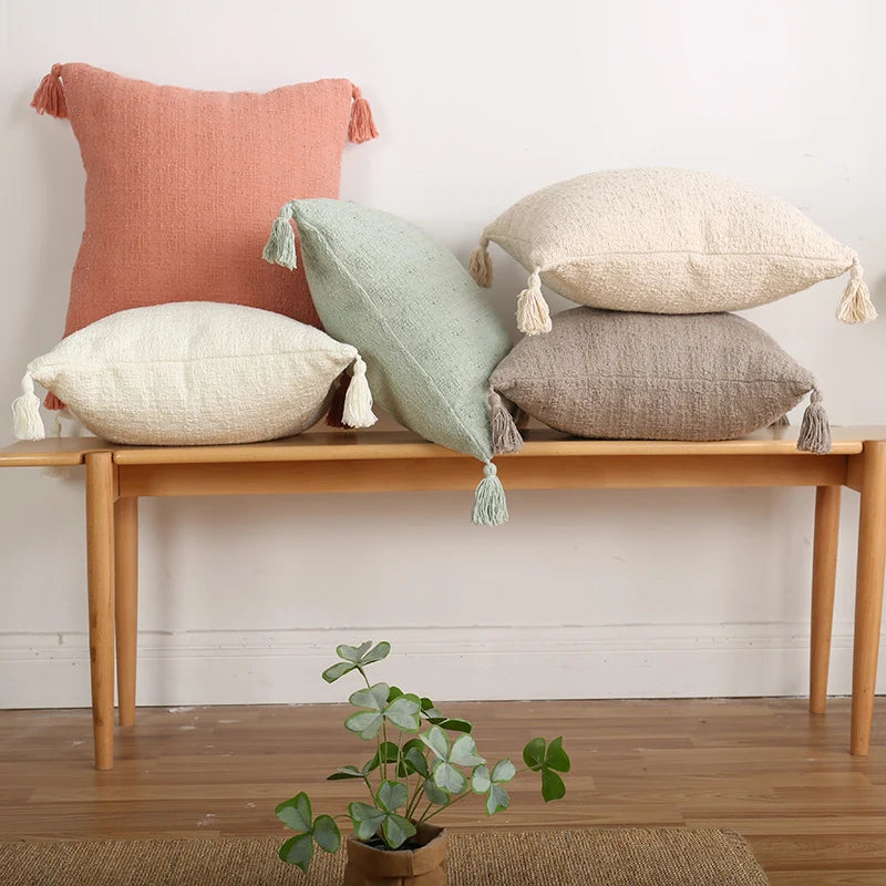 Throw Pillow Set Chenille Texture & Tassels Removable Covers