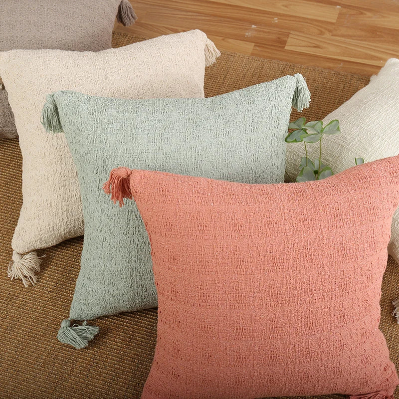 Throw Pillow Set Chenille Texture & Tassels Removable Covers