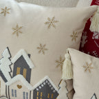 Throw Pillow Set Embroidered Snowy Village & Faux-Shearling