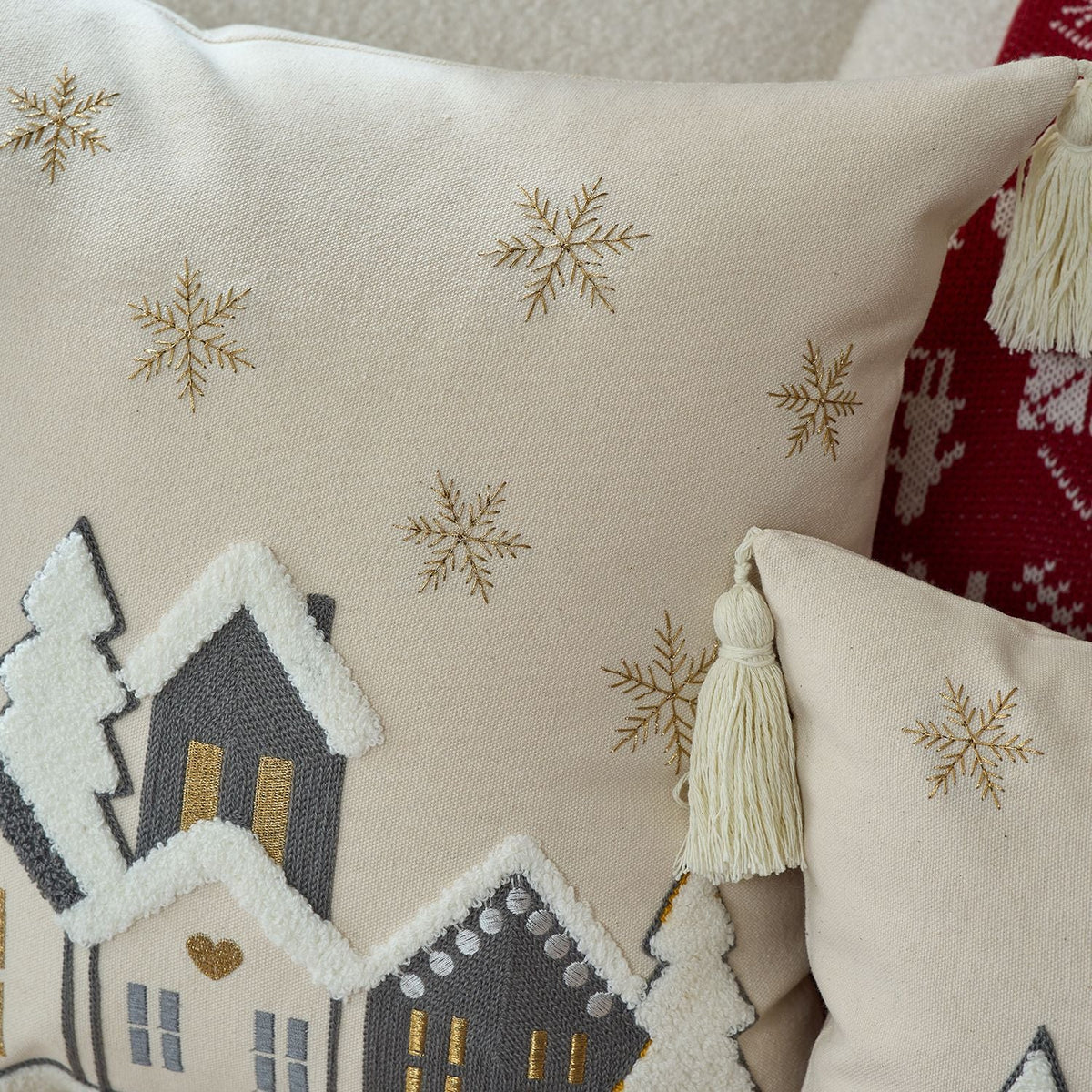 Throw Pillow Set Embroidered Snowy Village & Faux-Shearling