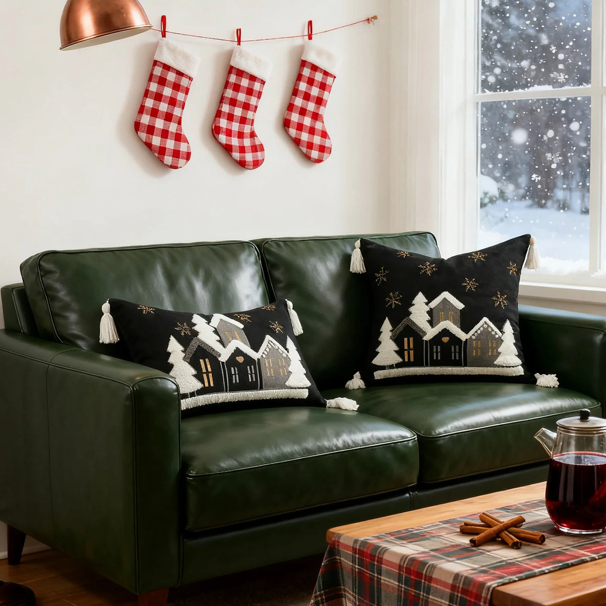 Throw Pillow Set Embroidered Snowy Village & Faux-Shearling