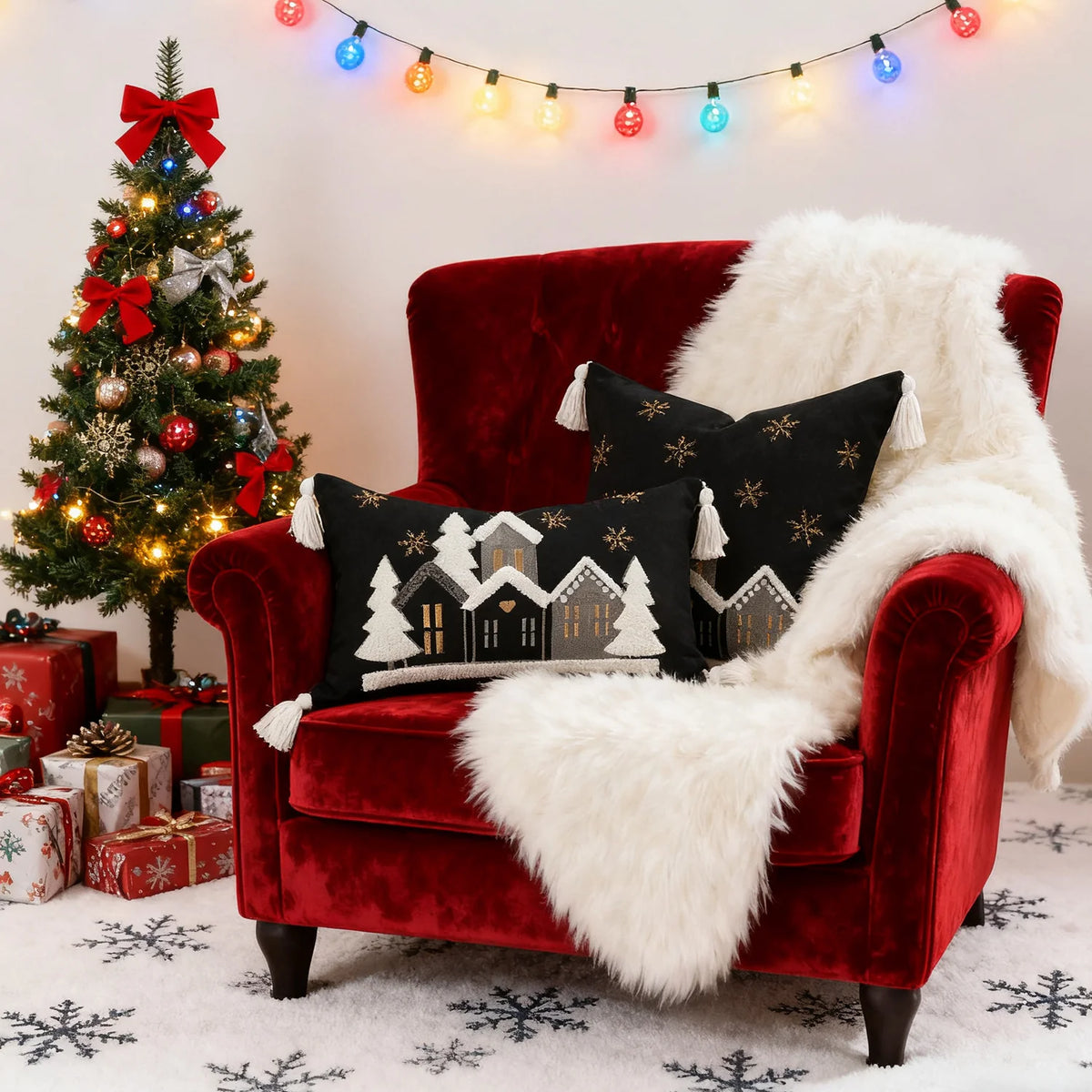 Throw Pillow Set Embroidered Snowy Village & Faux-Shearling