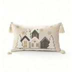 Throw Pillow Set Embroidered Snowy Village & Faux-Shearling