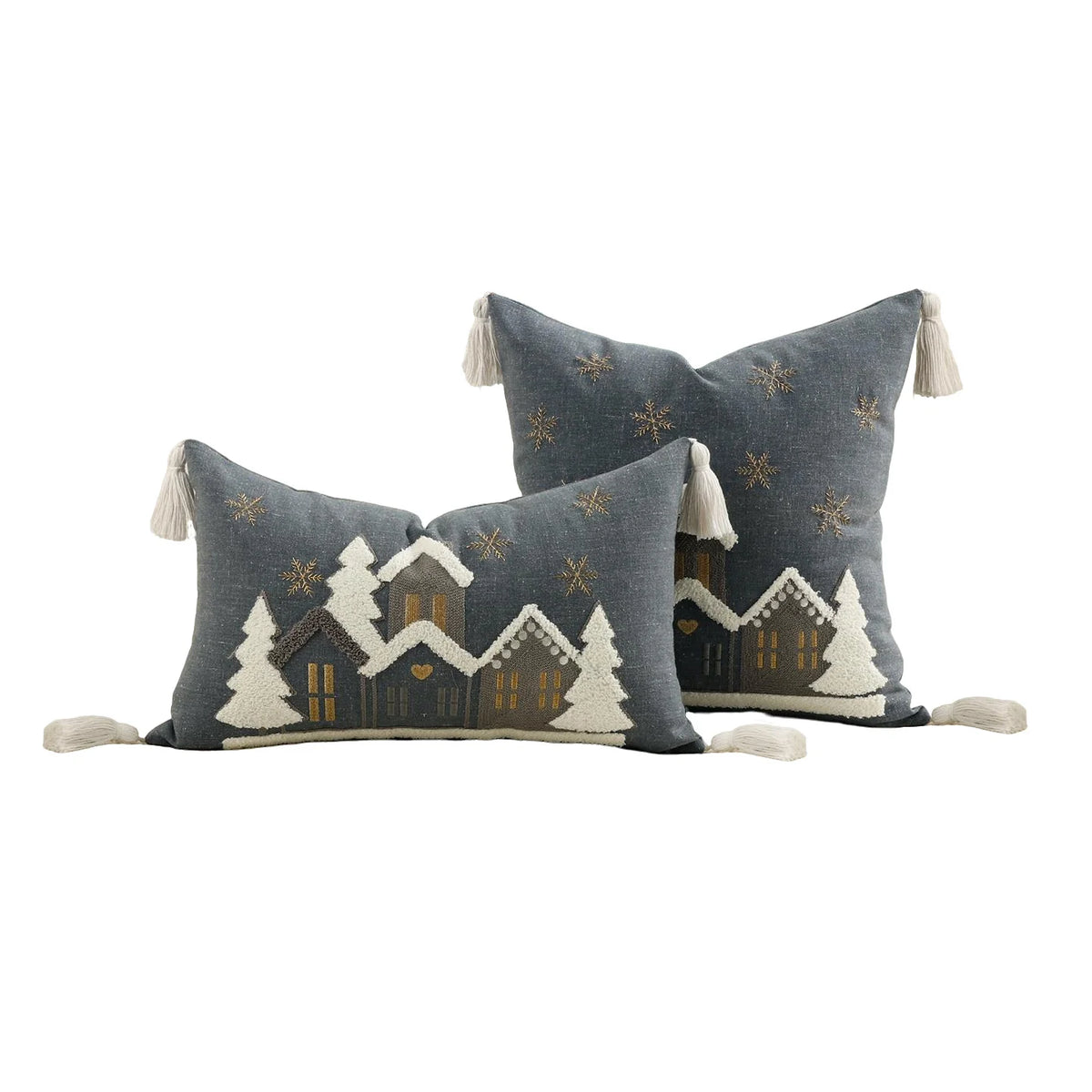 Throw Pillow Set Embroidered Snowy Village & Faux-Shearling