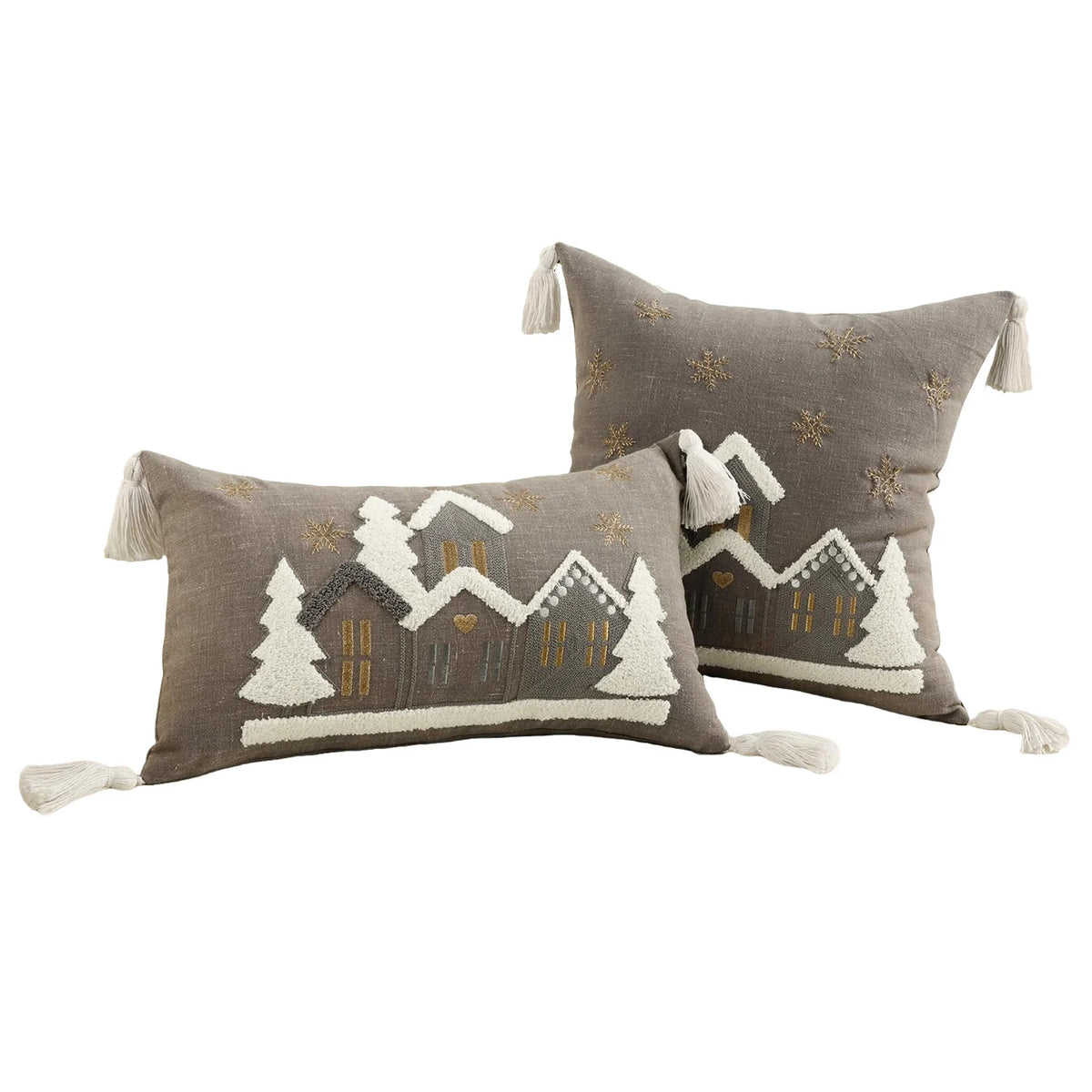 Throw Pillow Set Embroidered Snowy Village & Faux-Shearling