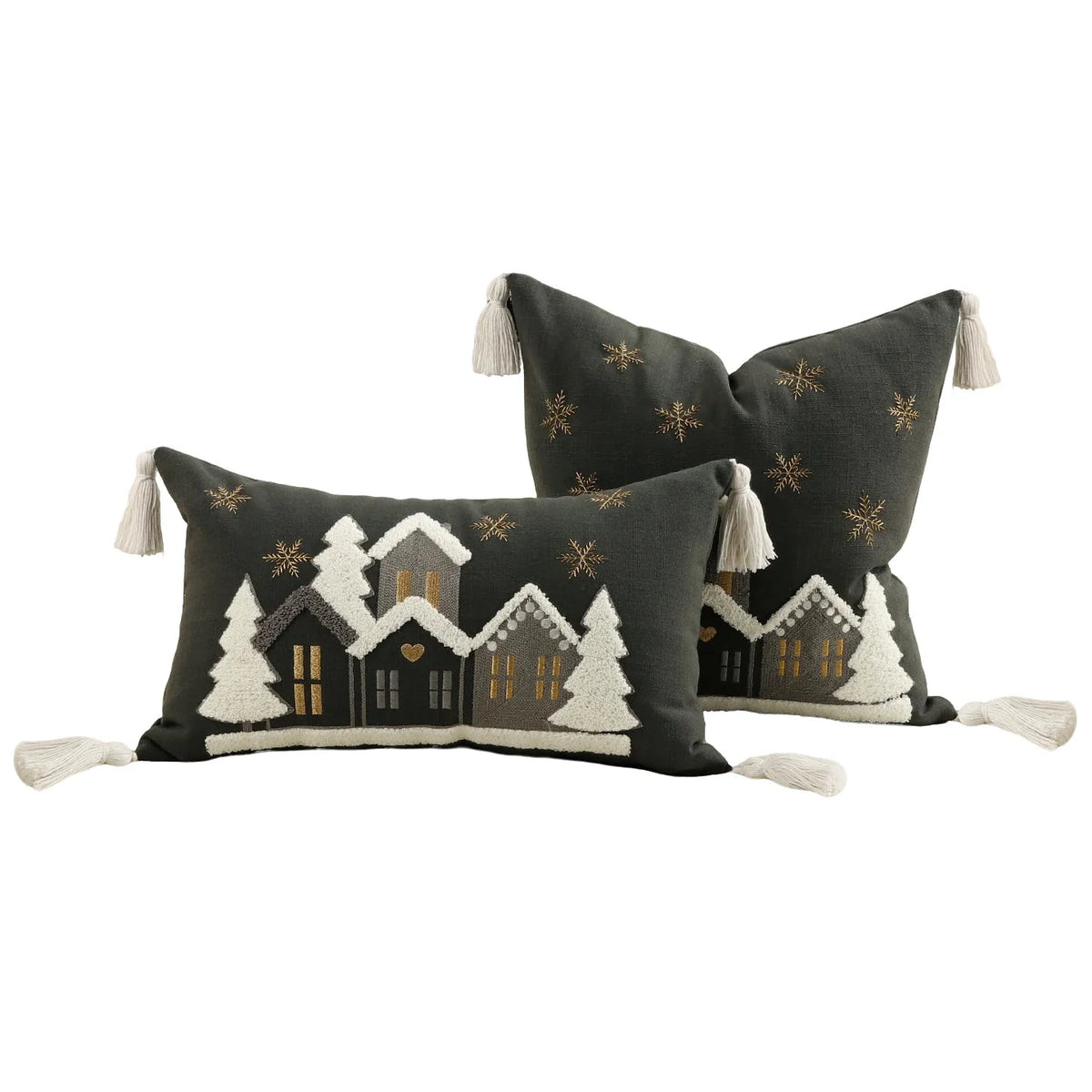Throw Pillow Set Embroidered Snowy Village & Faux-Shearling