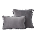 Throw Pillow Set Velvet Pom-Pom Fringe Square & Lumbar Pair