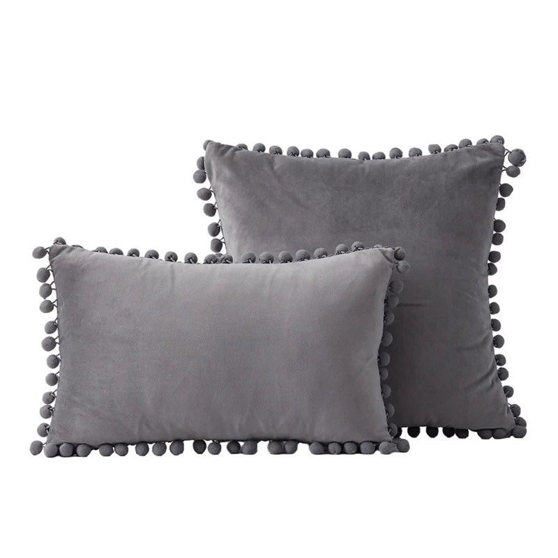 Throw Pillow Set Velvet Pom-Pom Fringe Square & Lumbar Pair