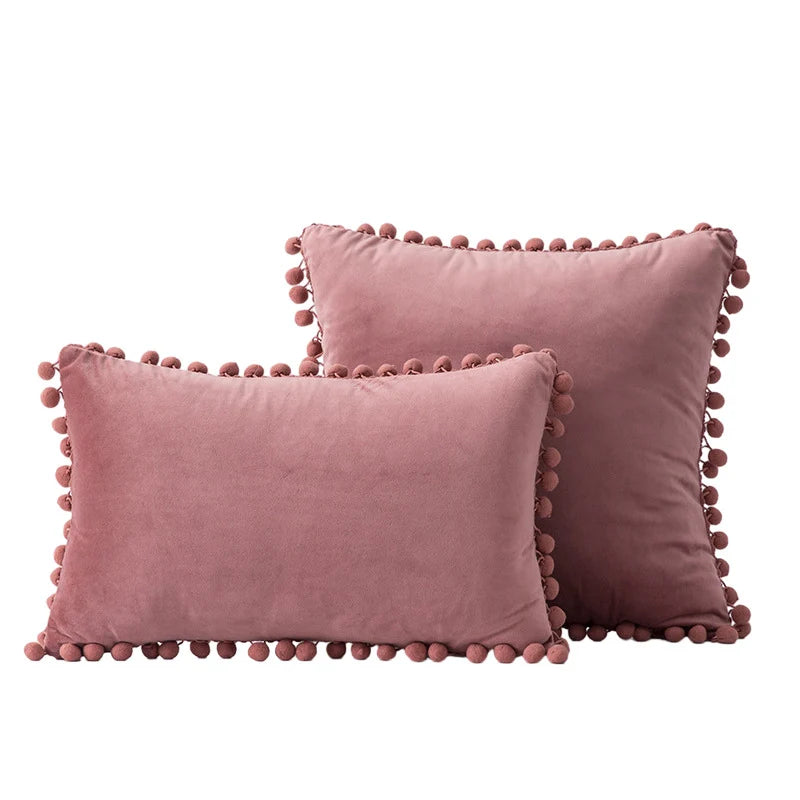 Throw Pillow Set Velvet Pom-Pom Fringe Square & Lumbar Pair