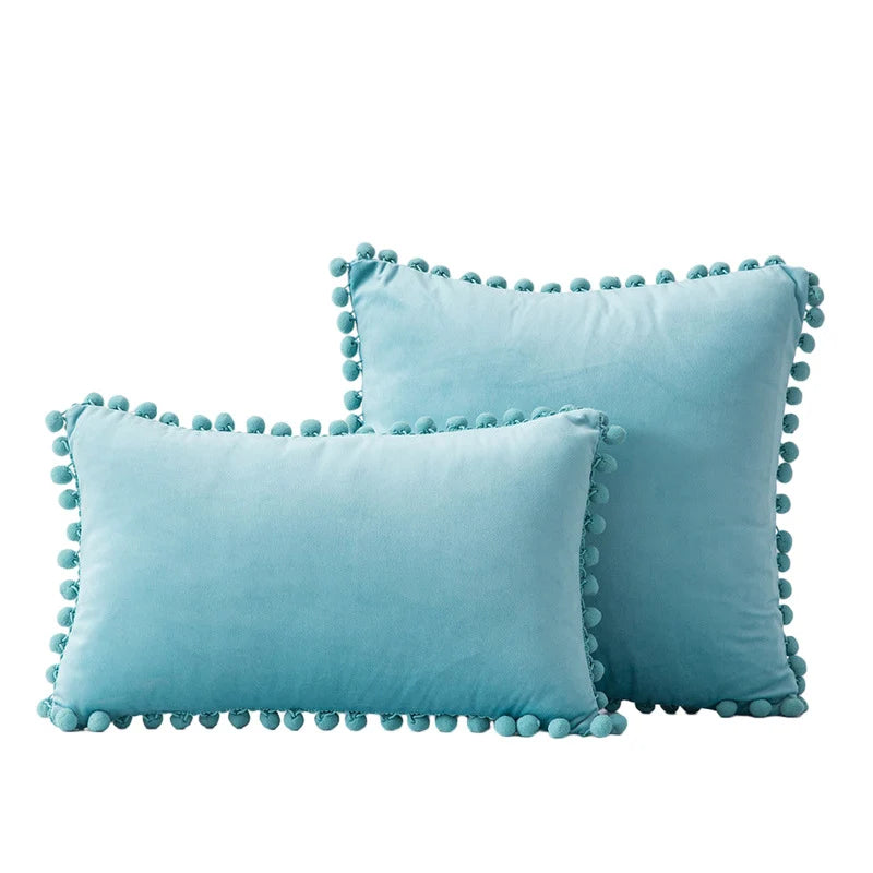 Throw Pillow Set Velvet Pom-Pom Fringe Square & Lumbar Pair